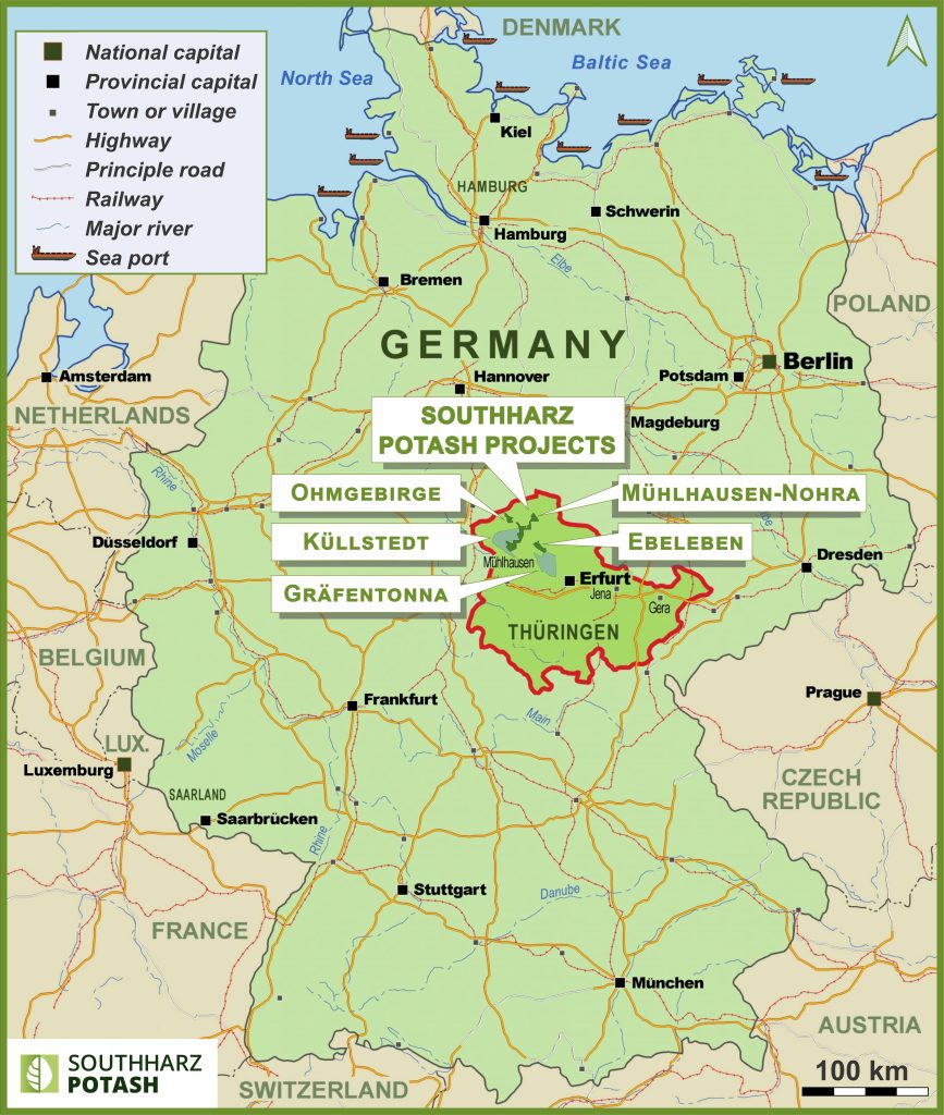 Map of Germany highlighting South Harz Potash Projects in Thuringia, including Ohmgebirge, Küllstedt, Gräfentonna, Mühlhausen-Nohrasüd, and Ebeleben.