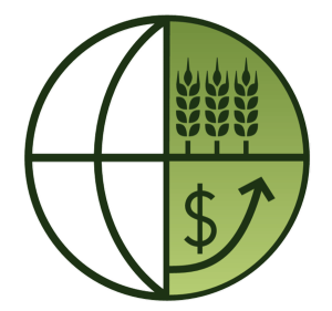 Globe divided into four quadrants with wheat stalks in the top right and a dollar sign with an upward arrow in the bottom right, symbolizing agricultural economics.